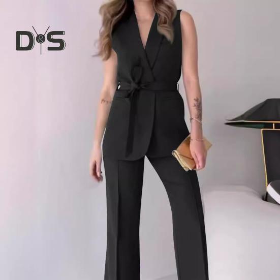 2 Pcs/Set Women Coat Pants Set V Neck Lace-up Slim Waist Mid Length Cardigan Sleeveless Jacket Wide Leg High Waist Straight Trousers Lady Formal