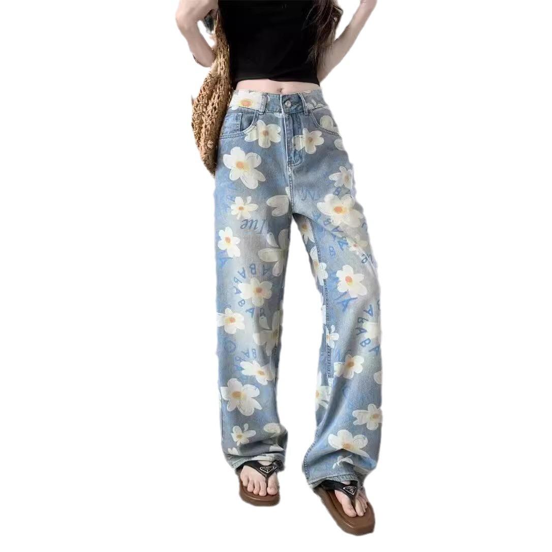 

Винтажные джинсы с принтом маргаритки, широкие женские летние дизайнерские свободные прямые брюки с высокой талией и большим размером