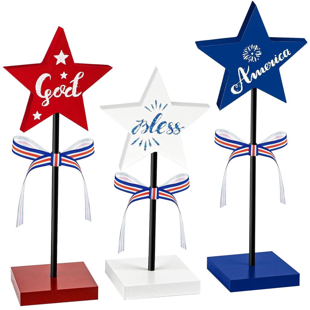 Patriotic Wooden Star Tabletop Decor Set Standing Independence Day Wood Signs with Ribbon Bows for Holiday Celebration Home Decoration