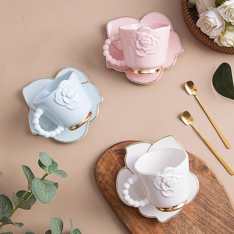 3D Rose Creative Design 280Ml Afternoon Tea Cup Set Ceramics Porcelain Cup Sets Ceramic Coffee Mug With Plates and Golden Spoons 280ml синий