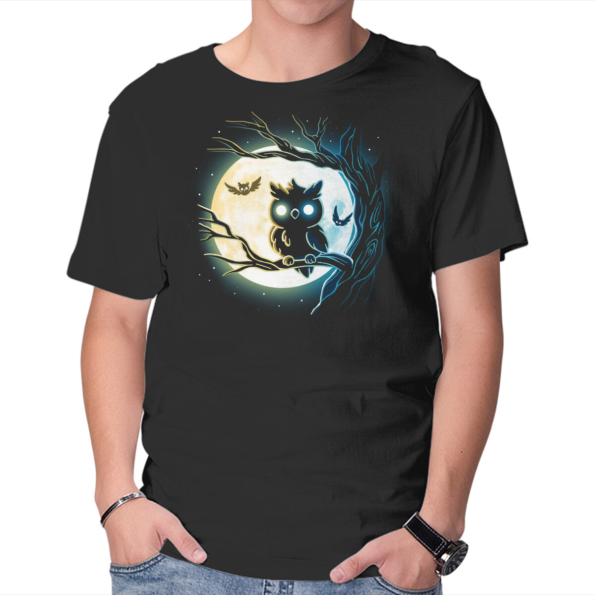 Unisex Crew Neck T-Shirt Owl Night Graphic Short Sleeve Casual Tee S