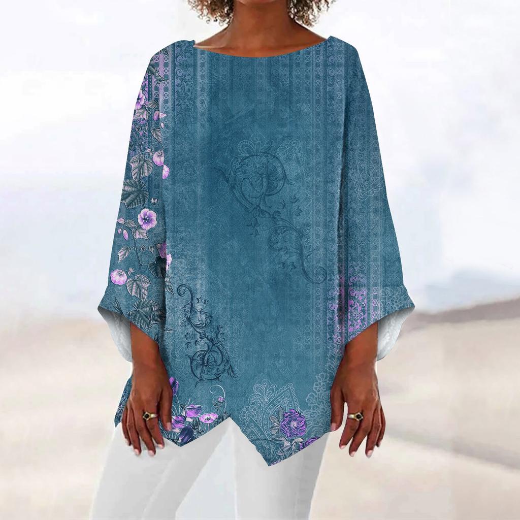 Dame Mote Retro Trykk Rund Hals Ni Kvart Erme Uregelmessig Kant T-skjorte Topp