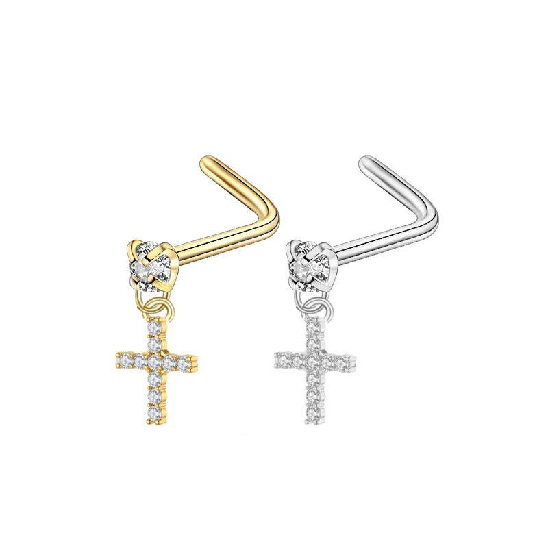 

Серьги и пирсинги для носа в европейском и американском стиле с микро-инкрустацией цирконами, с дизайнами в виде звезды, луны и креста Gold Color