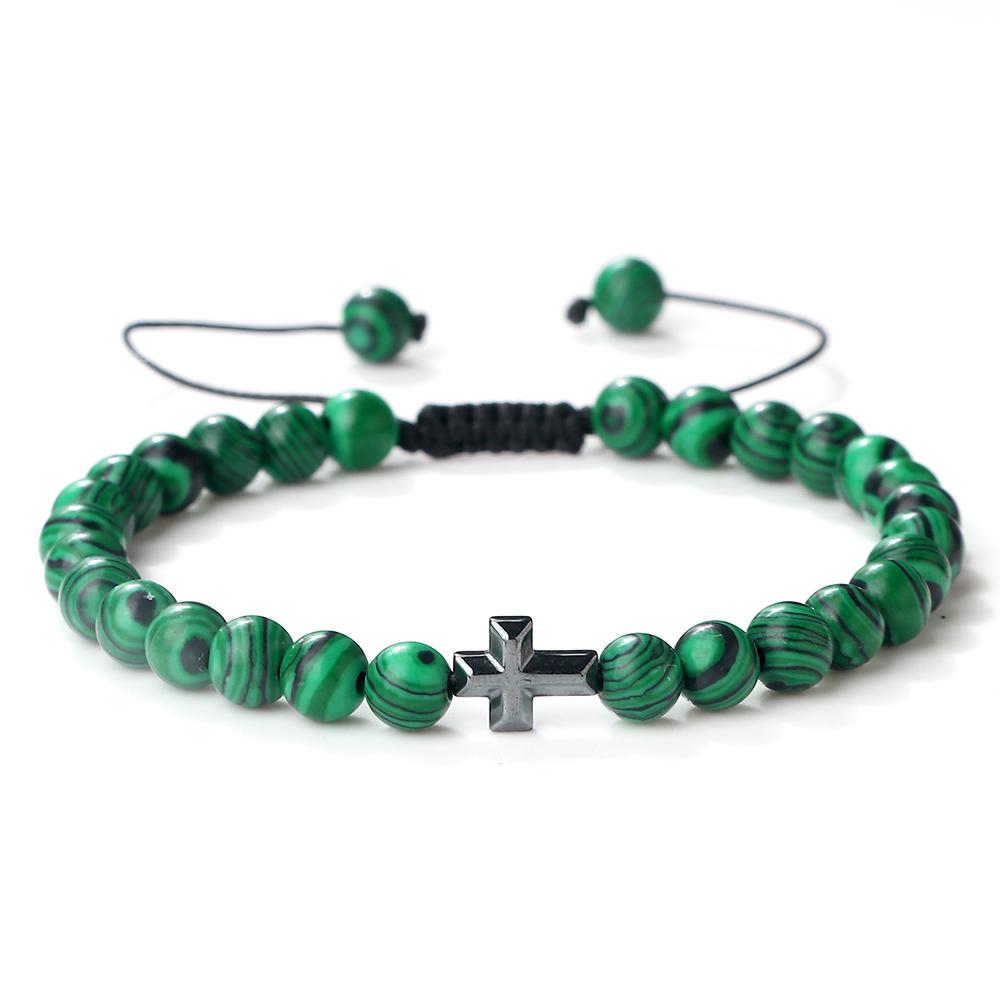 

6mm Natural Stone Beads Bracelet Adjustable Waxed Rope Woven Bangle with Hematite Cross Pendant Charm Jewelry Gift for Women Men малахитовая зелень