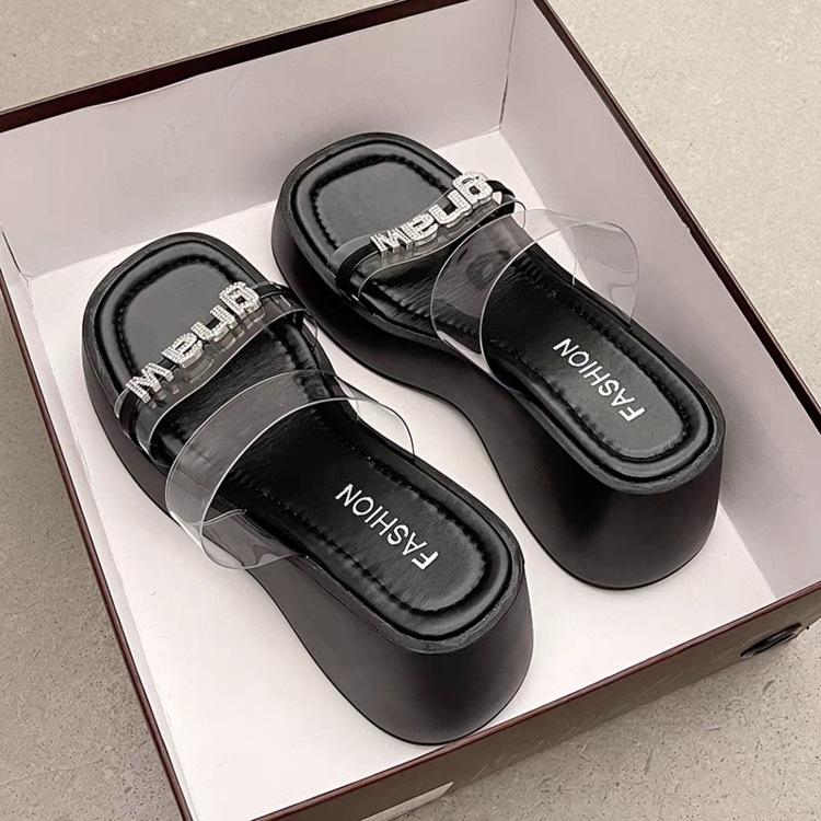 White rhinestone muffin heightened platform slippers for women to wear 2025 summer high-end one-word French cool slippers