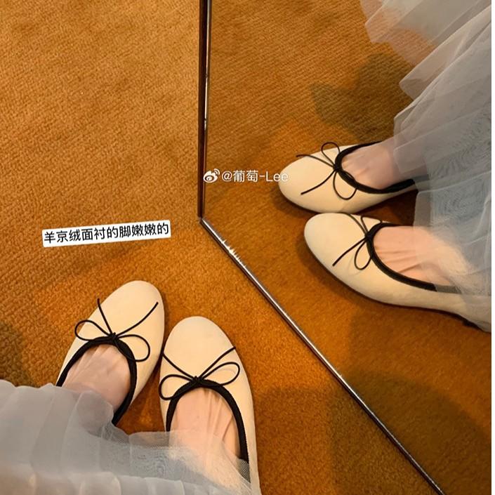 Leather version of grape mother, the same commuter shoes, round head bow, light mouth ballet style single shoes, women's ballet flats