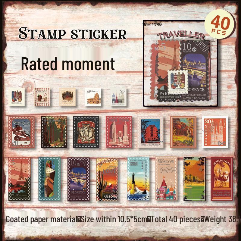 

Yu Xian Traveler s American Stamp Stickers: 40 Sheets, 4 Styles, Hot Stamping Perfect for Collage