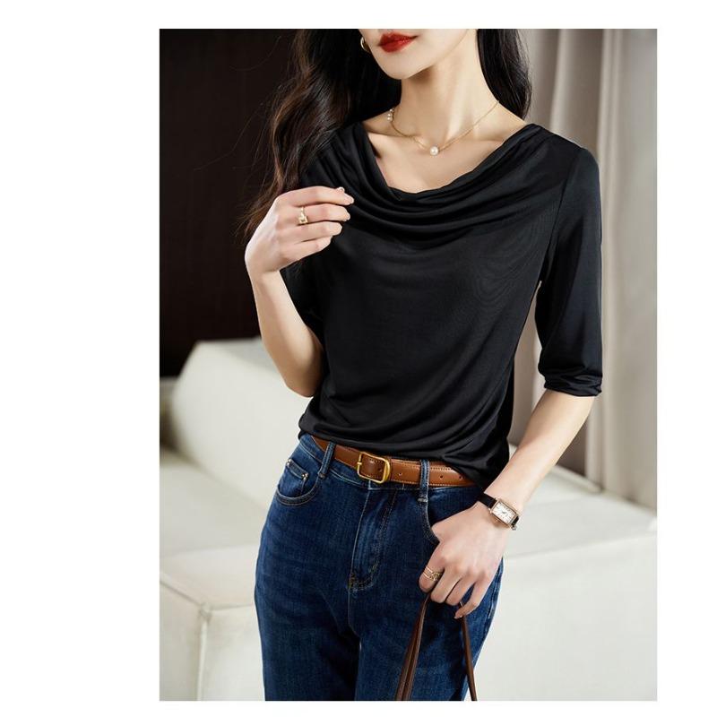 New Summer Mid-sleeve Style Half-sleeved Pile Collar T-shirt Feminine Fashionable and Age-reducing Top for Women