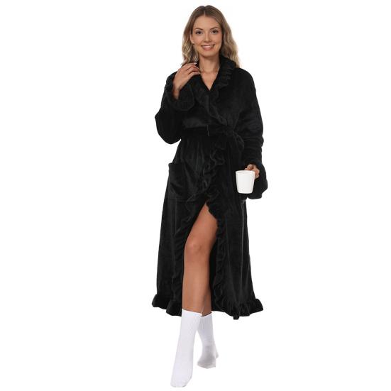 Dames Pluizige Ruche Badjas Zachte Fleece Sjaalkraag Kimono Badjas Winter Pluche Warm Huispak met Zakken
