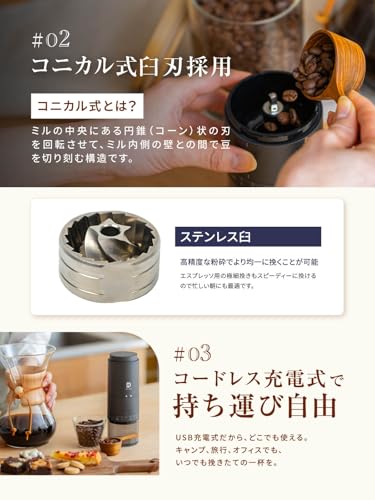Für eine erstklassige Tasse Kaffee: Delimo Akku-Kaffeemühle mit Mörser und Mörser aus Edelstahl, USB-wiederaufladbar, waschbar, kegelförmiger Kaffe