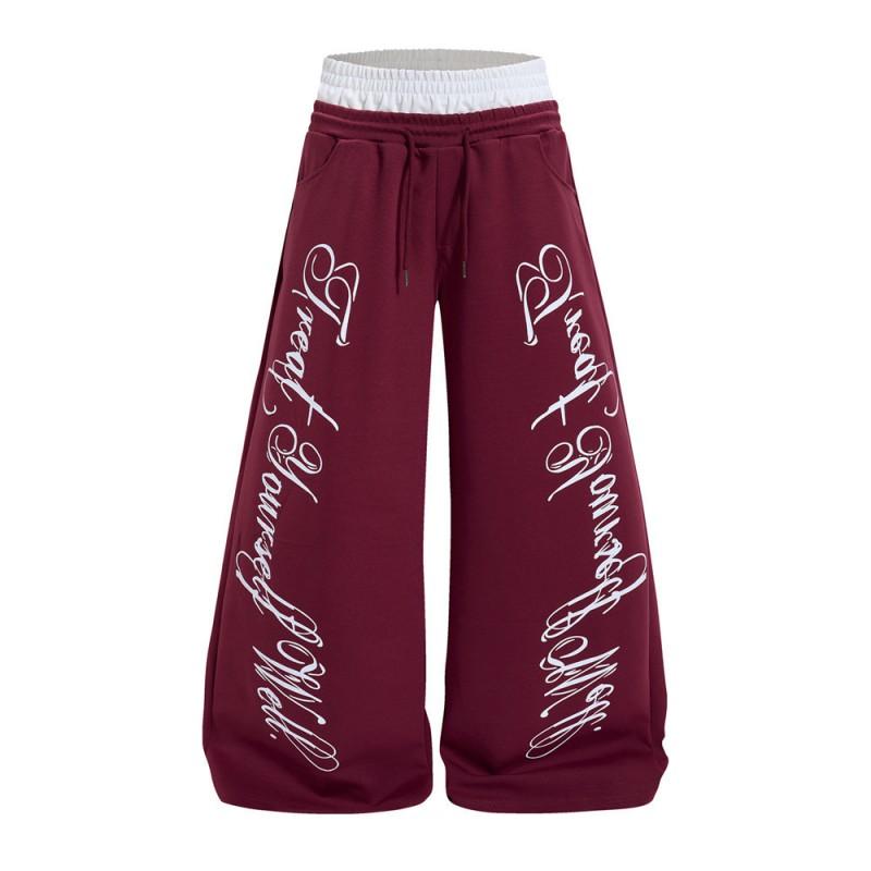 Mens Loose Wide-Leg Curved Pants Streetwear Letter Print Casual Trousers