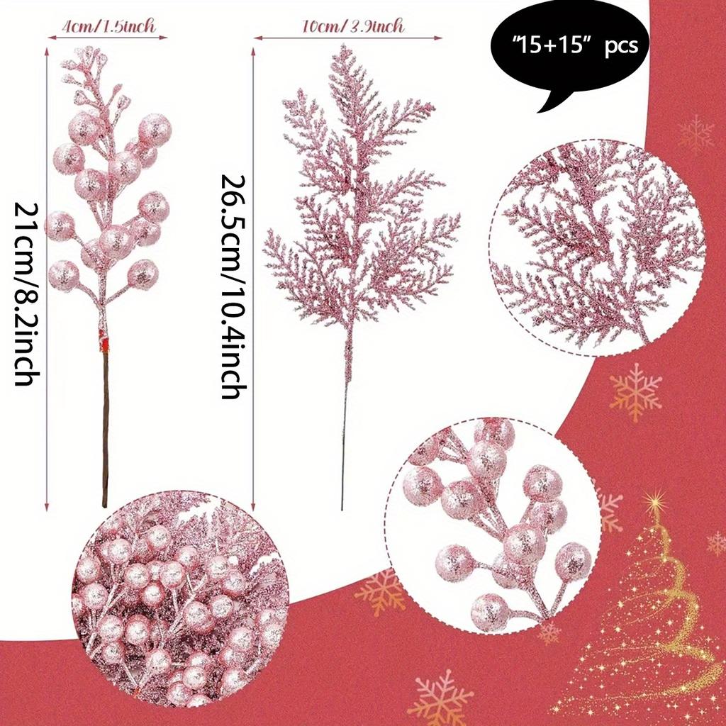 30pcs Artificial Pine Needles with Glitter Berry Stems - Vibrant Red & Green Plastic Christmas Branches for DIY Holiday Decor
