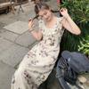Summer 2025 Fashion Print Bufferfly Casual Long Dress Women Fashion Chic Ruffled Square Collar Dress Korean Elegant Bodycon Robe