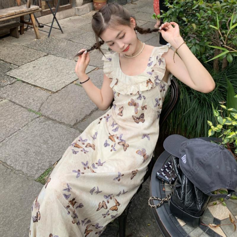 Summer 2025 Fashion Print Bufferfly Casual Long Dress Women Fashion Chic Ruffled Square Collar Dress Korean Elegant Bodycon Robe