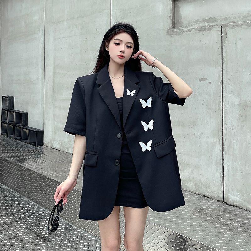Blazer Nero a Maniche Corte Ricamato con Farfalle High Sense per Donna Estate Design di Nicchia Capo Esterno Completo Top