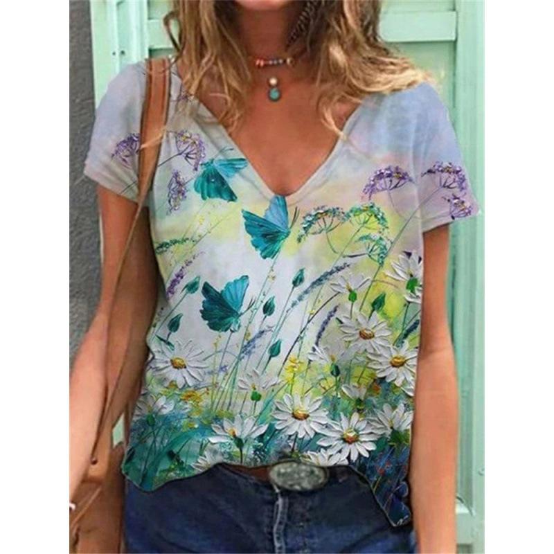 Ladies' Casual Summer Pullover V-neck T-shirt with Floral 3D Printing Short Sleeved Loose Women's Top T-Shirts Women’s