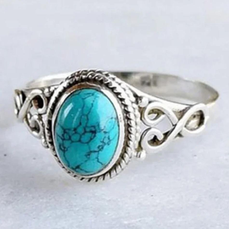 1 Pcs Fashion Retro Elegant Ring Natural Turquoise Wedding Engagement Birthday Party Anniversary Commemorative Gift