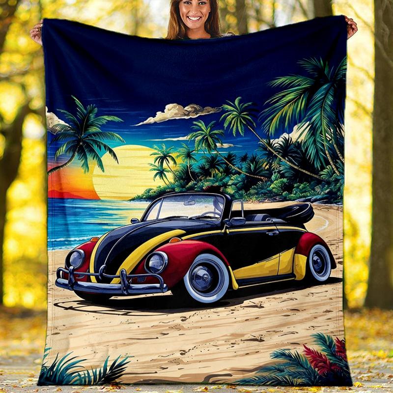 Miami Retro Sports Car Neon Scenery Fleece Printed Flannel Blanket, Warm Soft Throw Sofa Bed Blanket