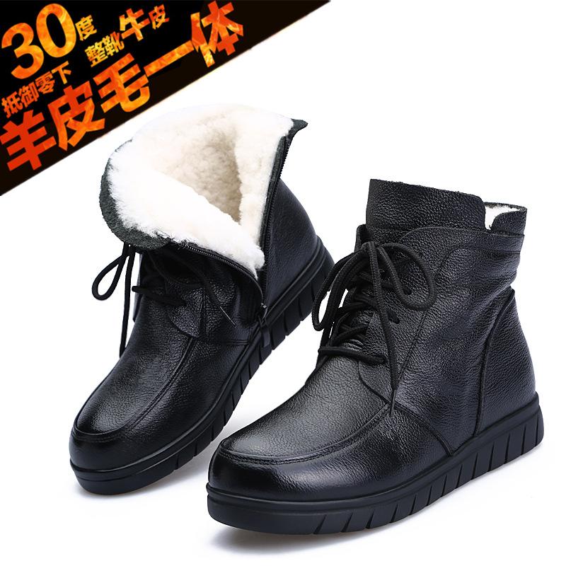 Women Snow Boots Vintage Genuine Leather Natural Wool Fur Winter Warm Ankle Boots For Women Flat Mother Shoes Wer4