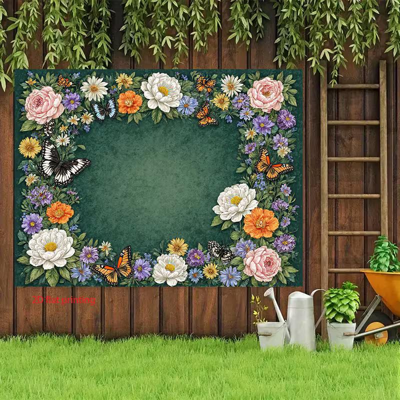 2D Vintage Flower Frame Backdrop Watercolor Blooms & Butterflies Photography Background Cloth
