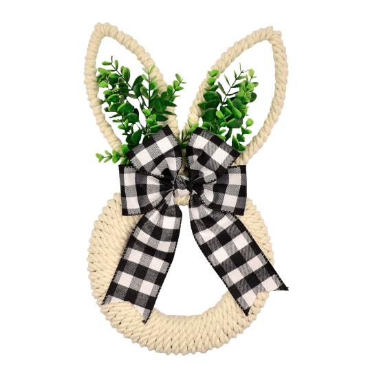 Osterhasenkranz Hanfseil Frühlingshasenkranz mit Schleife Oster-Türhänger für Bauernhaus Veranda Tür Wand Fensterdeko