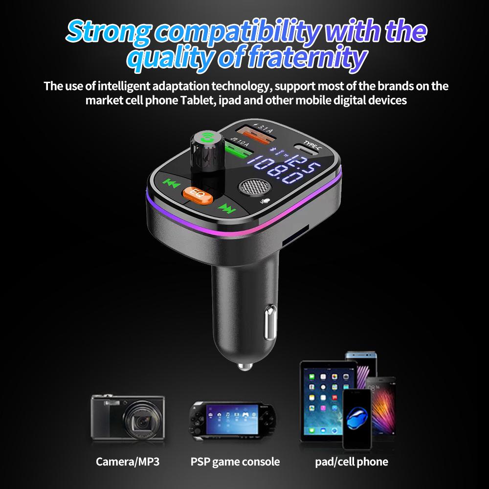 Bluetooth 5.0 Car FM Transmitter Dual USB 3.1A Type-C Car Charger Ambient Light Handsfree Car Kit Mp3 Player Support  TF Card AE
