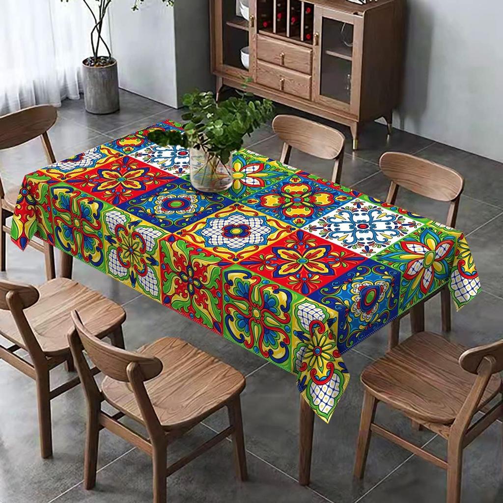 Mexican Talavera Ceramic Tile Rectangle Tablecloth Holiday Party Decorations Reusable Waterproof Tablecloth Kitchen Table Decor