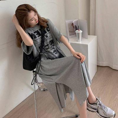 Damen Sommer Print Kurzarm T-Shirt Kleid Mode Locker Übergröße Mittellang Über Knie Kleid