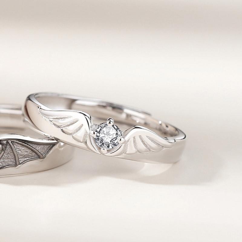 2 Pieces Matching Rings for Couple Best Friend Adjustable Promise Rings Demon & Angel Wing Open Ring Valentines Gifts
