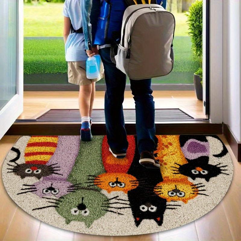 Semicircular Cartoon Cat Doormat, Non-slip Polyester Mat. Dirt-trapping, Indoor & Outdoor Use, Ideal Cat Lover Gift.