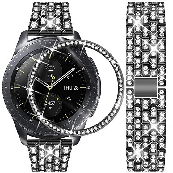 Bands Compatible with Samsung Gear Sport/Galaxy Watch 42mm / Galaxy 4 Classic (42mm), Luxury Rhinestone Diamond Steel Metal Strap with Bezel Ring