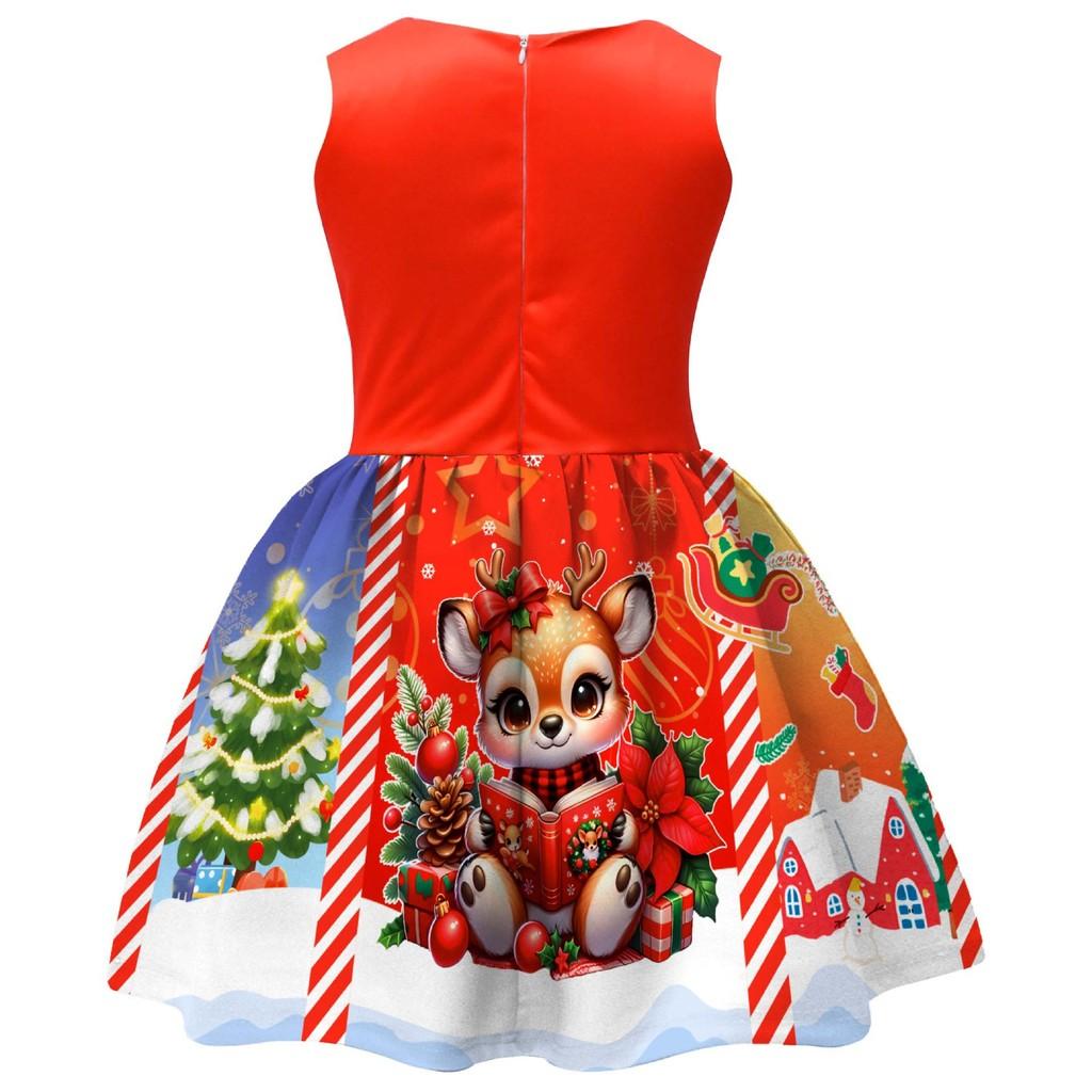 Kinder Mädchen Cartoon Weihnachtsmann Weihnachtsbaum Elch Print Schleife Ärmellos Freizeitkleid