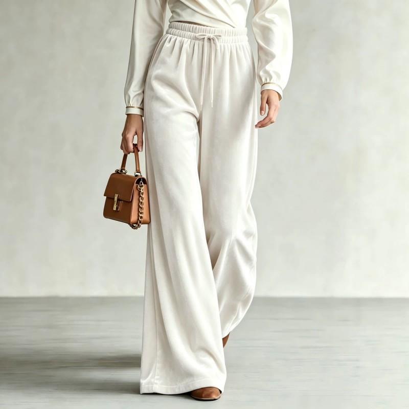 2026 Velvet Wide Leg Pants Women High Waist Loose Fit With Drawstring Pockets Winter