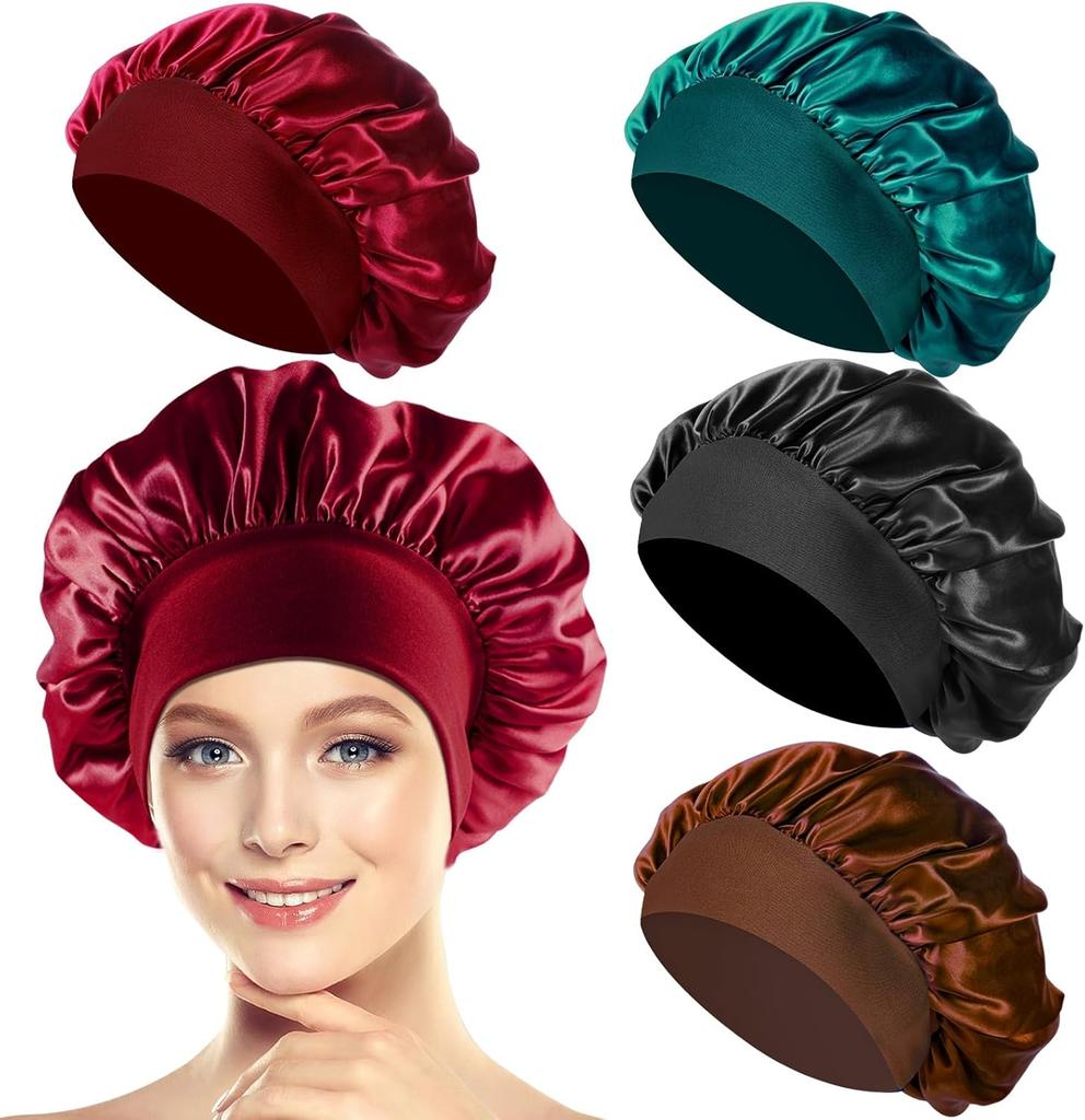 Pack of 4 Satin Hair Caps, Bonnet Sleep Cap, Sleeping Cap, Reusable Satin Bonnet, Elastic Hair Net for Sleeping for Women and Girls