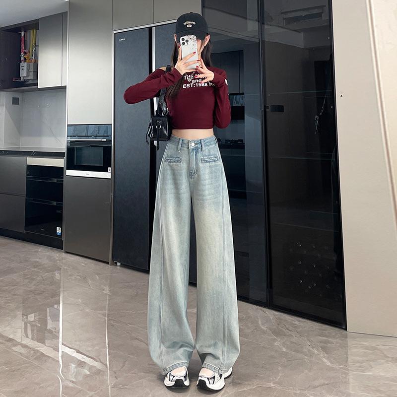 

Women s High-Waisted White Retro Wide-Leg Jeans - Slimming, Floor-Length, Fashionable Pants for Spring and Autumn L