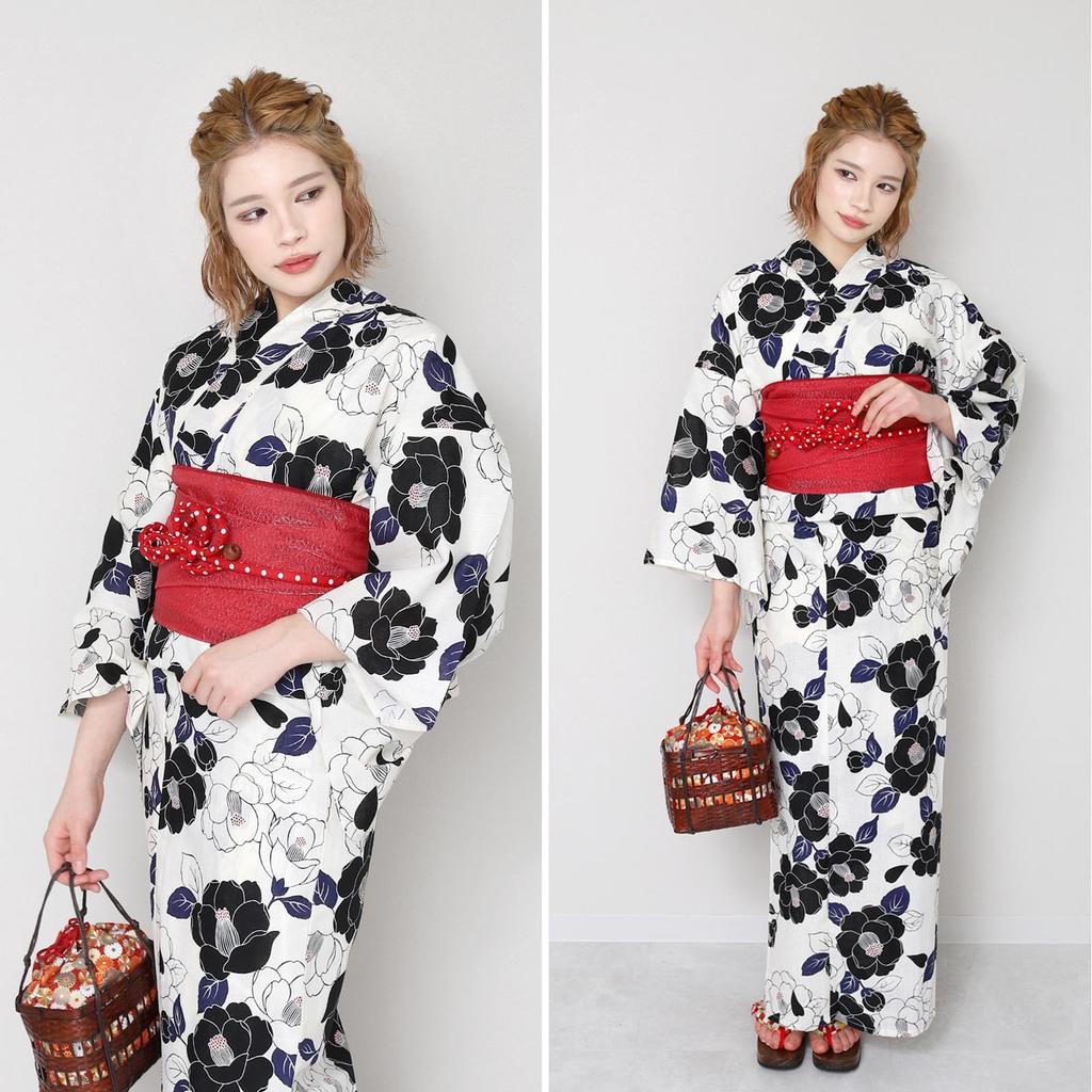 Fuuka 5L Yukata with Heko Obi Large Black and White in [Fuuka] Women's 2-piece Set, Size, Camellia, (Heko Obi/Made Japan/Red) X3604-5LB115