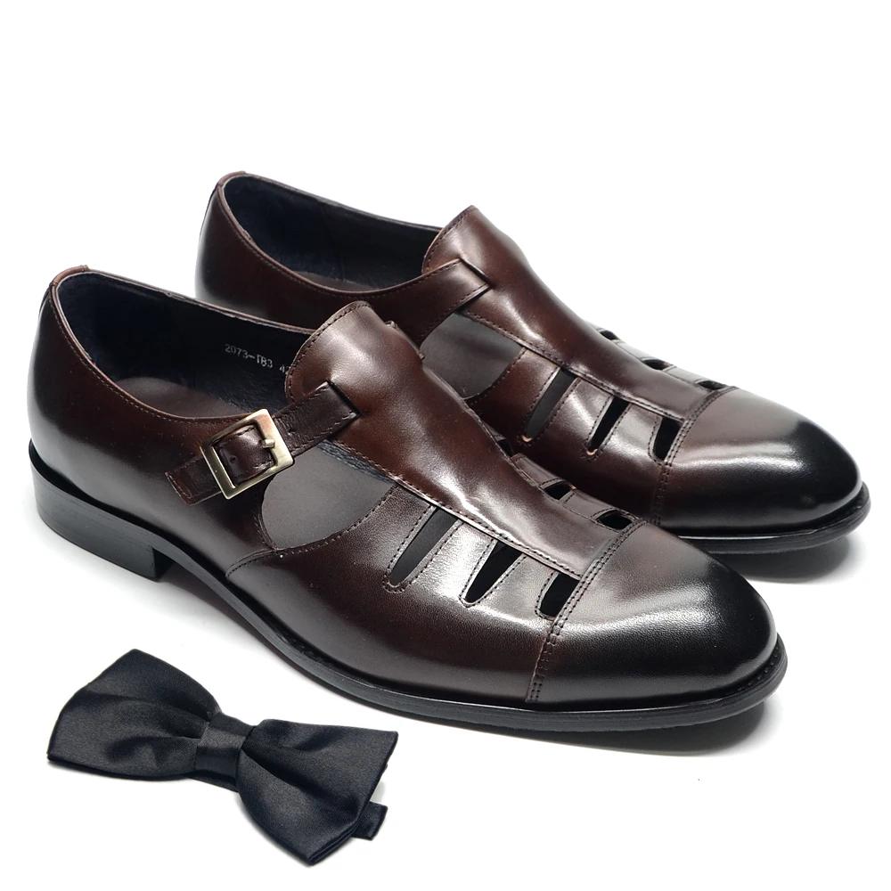 

Classic Genuine Leather Mens Summer Dress Sandals Single Buckle Strap Black Brown Closed Toe Classy Casual Formal Shoes for Men 46