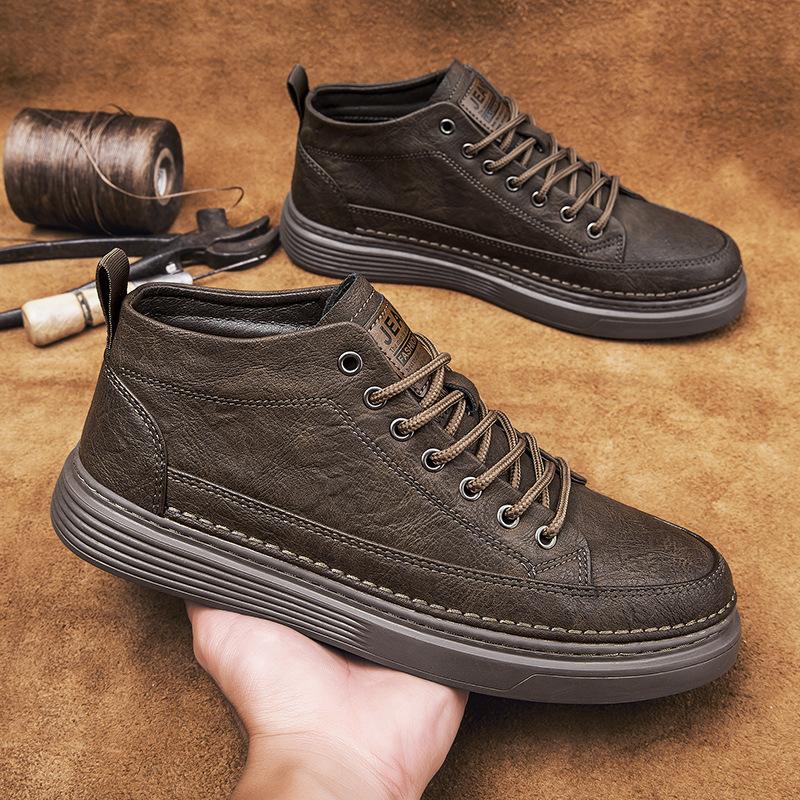 Autumn High-top Lace-up Board Shoes Outdoor Sports Fashion Trend Single Shoes Men's Medium Tube Flat-bottom Casual Leather Boots