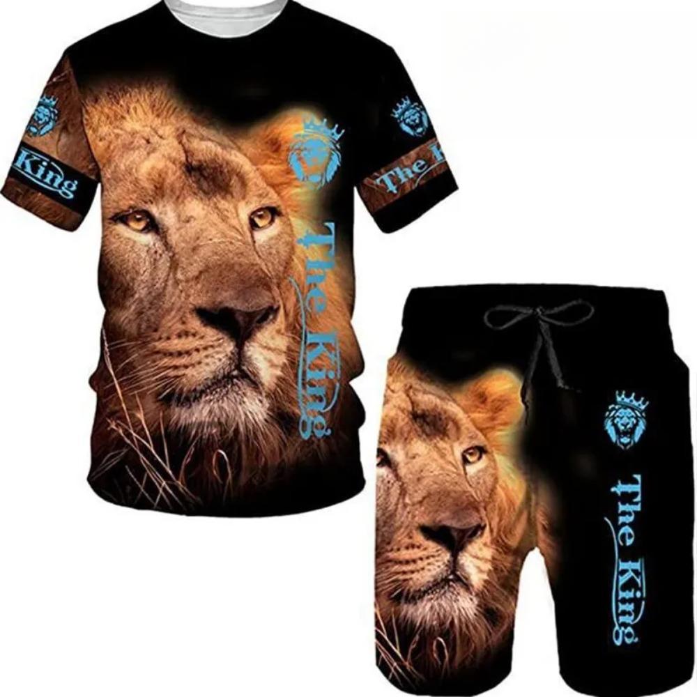 Summer Round Neck 3D Animal Printed Set Fashionable and Casual Short Sleeved Shorts Men's Sport Wear