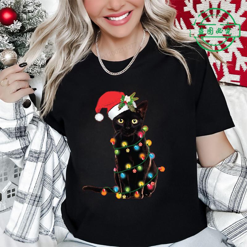 

Летний топ с круглым вырезом и 3D-принтом рождественского черного кота, модные повседневные женские футболки с коротким рукавом S
