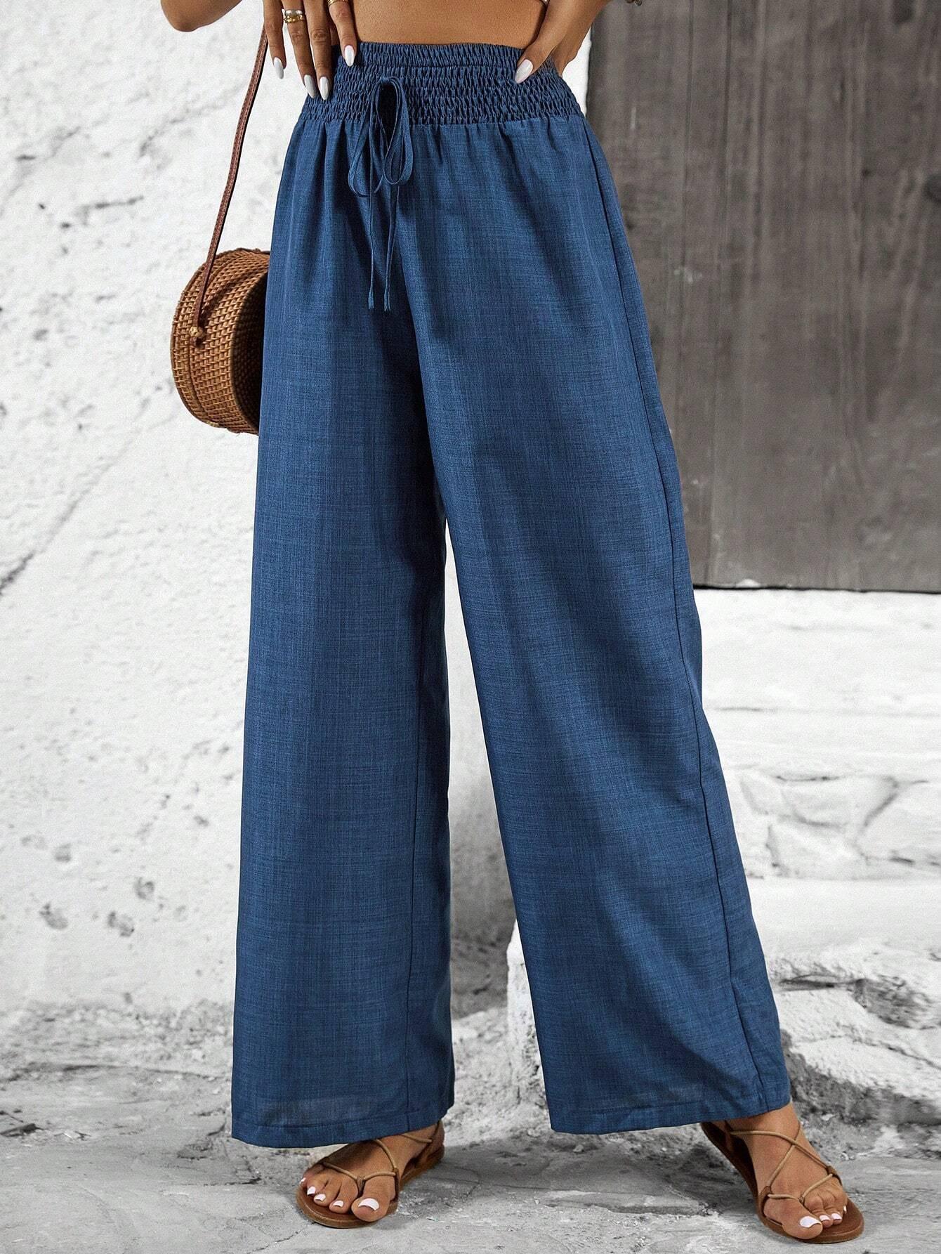 2026 European & American Women s Smocked Mid-Waist Drawstring Casual Holiday Pants S темно-синий