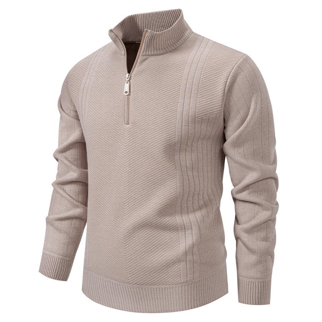 Men's Solid Color Textured Casual Pullover Stand Collar Sweater Jacket Plus Velvet Long Sleeve Top