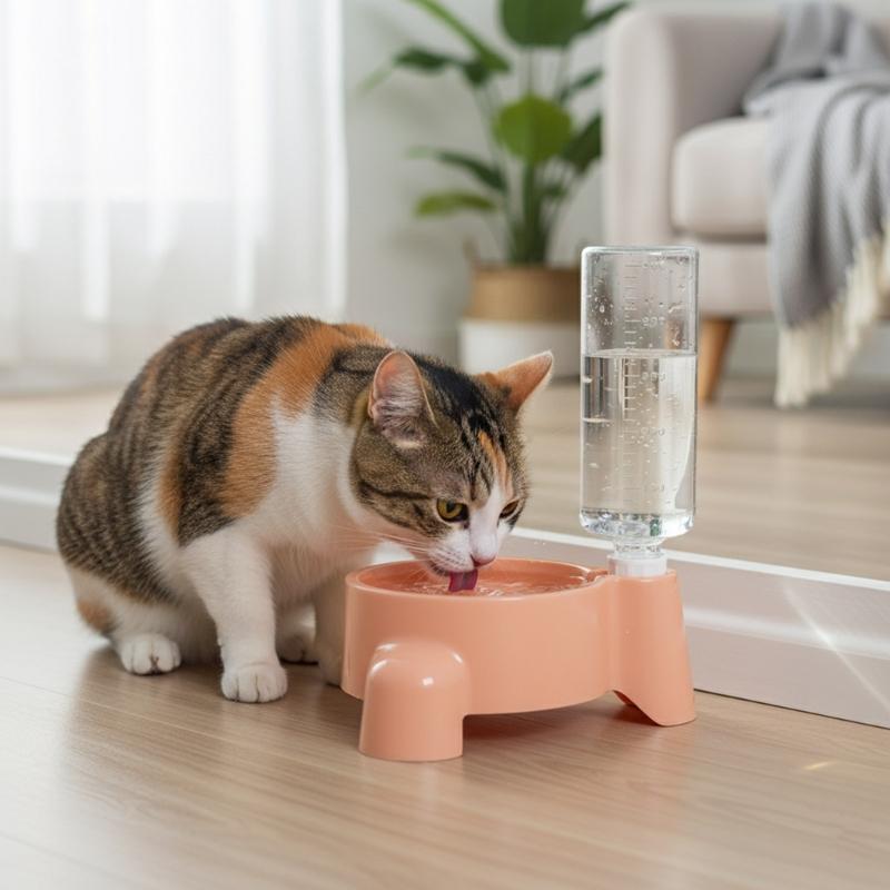 Automatic Refilling Pet Water Bowl Dish Set With 500ml Bottle Removable Tray Anti Tip Base For Small Animals