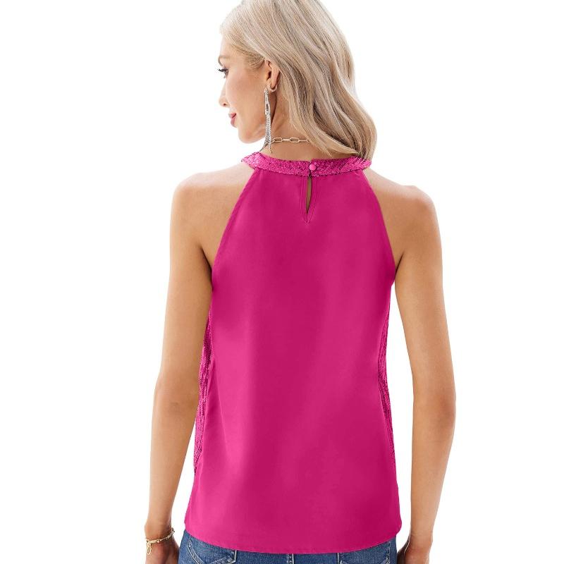 Summer New Sleeveless Loose Sequin Women Shirts Fashion Solid Halter Elegant Party Casual Blouse Women Tops Street Slim Fit Simple Ladies Shirt 26586