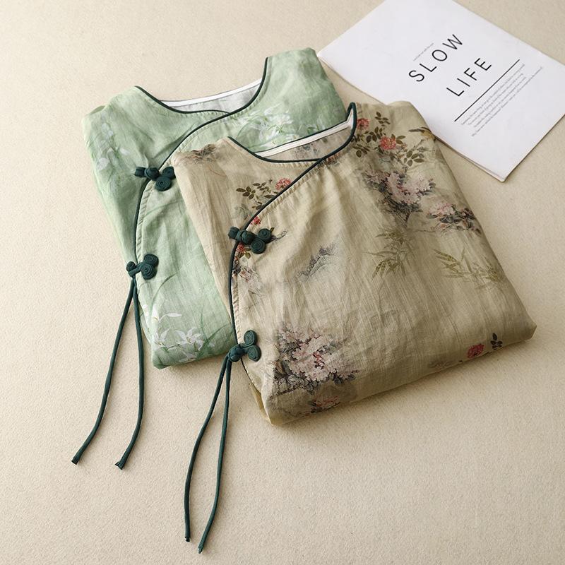 Uformell skjorte i kinesisk stil for kvinner Ankomst Sommer Vintage O-hals Blomstertrykk Løs Dame Topper Skjorter