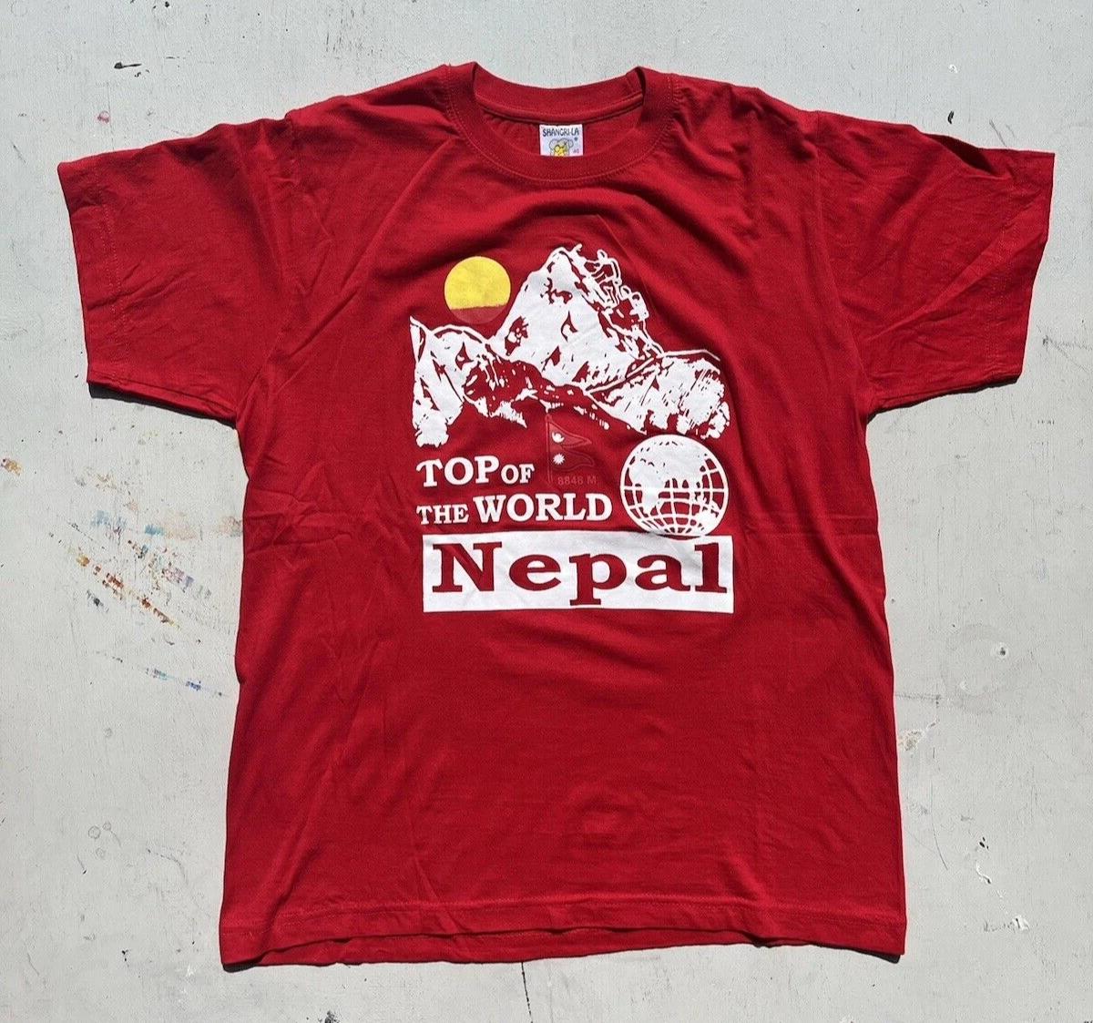 Men s Vintage Nepal T-Shirt Red Solid Top of World 40 Himalayas Buddha Everest XL