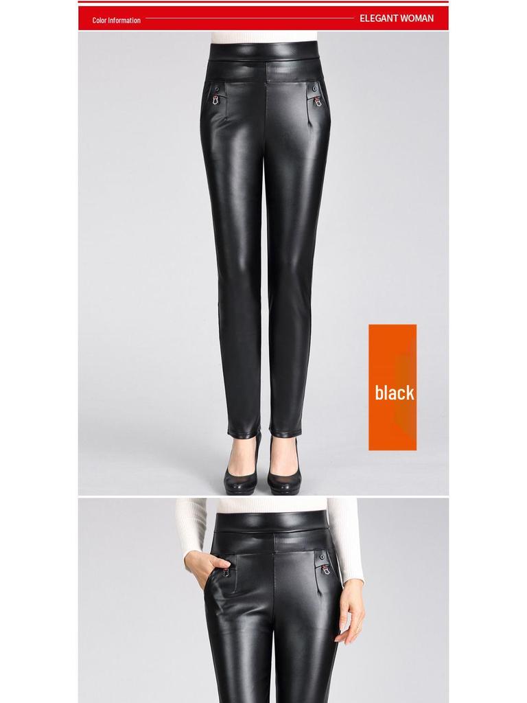 Mom's High-Waisted Leather Pants: Winter Plus Velvet Straight-Leg Style for Middle-Aged & Elderly Women
