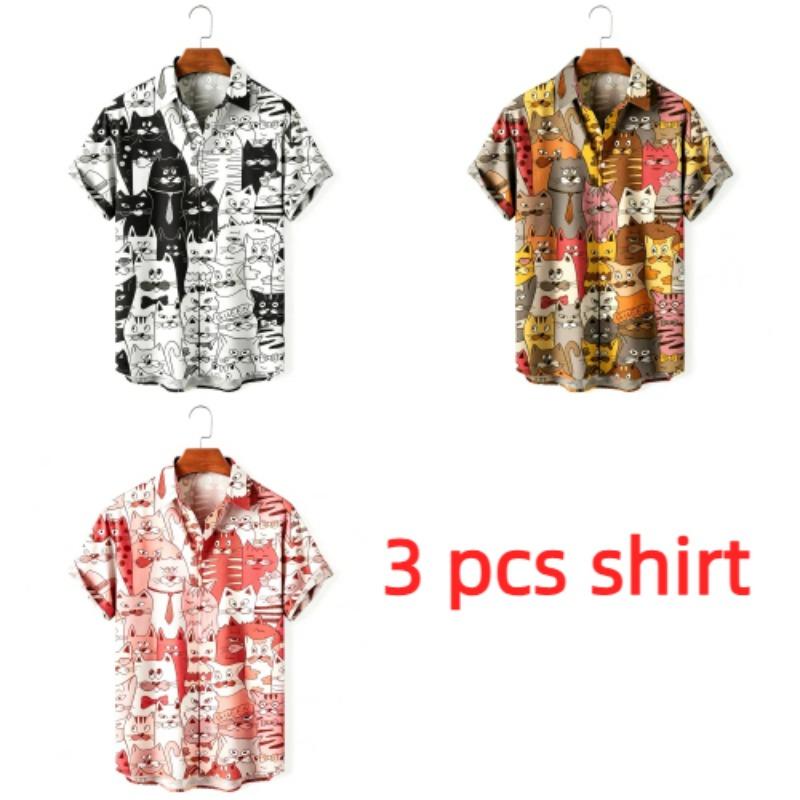 Summer Fashion Anime Cartoon Animal Cat Printing Shirt Hawaiian Beach Vacation Clothing Men's Street Style Shirt Daily Men's and Women's Shirt