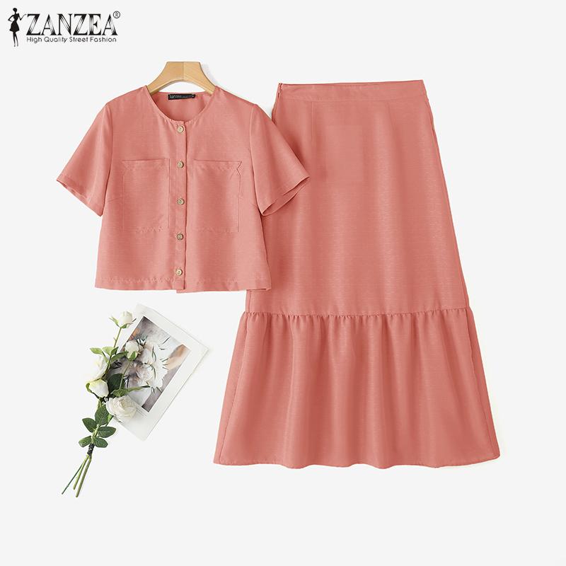 

ZANZEA Женские комплекты из двух предметов: кроп-блузка с коротким рукавом и длинные юбки 3XL камео розовый