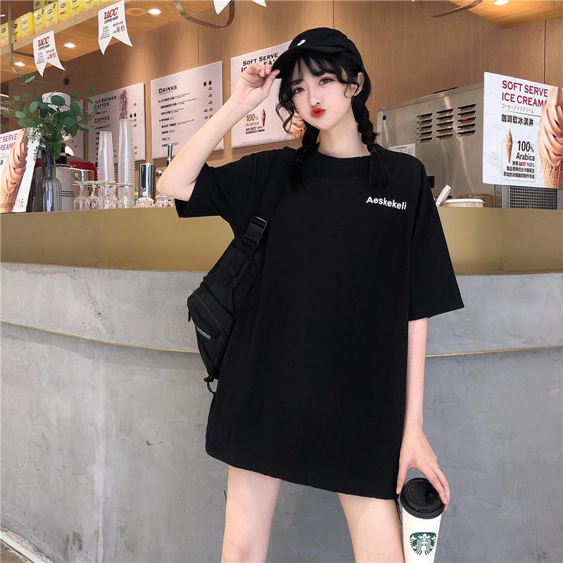 Spring and Summer Korean Version of the New Harajuku Loose Medium and Long Letter Printing Black Large Version Short-sleeved T-shirt Women Ins